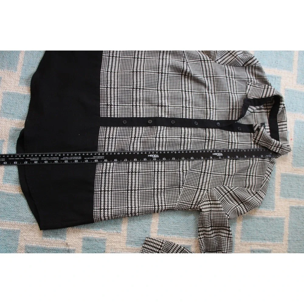 Talbots Size S Black White Plaid Button Down Blouse Mixed Media Roll Tab Sleeve - Picture 8 of 8
